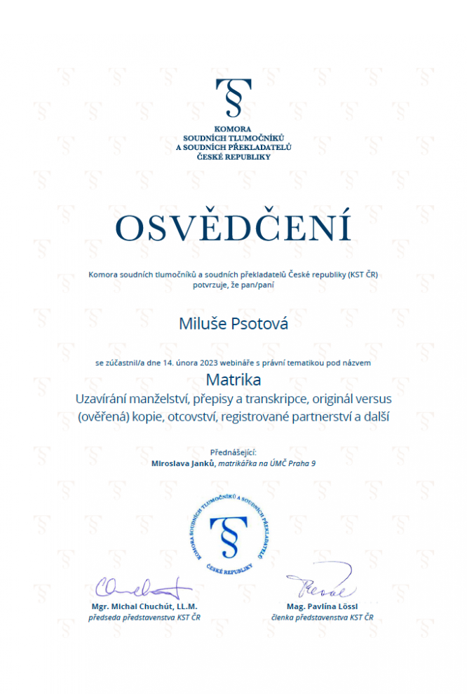 Prima Lingua webinář Matrika - osvědčení